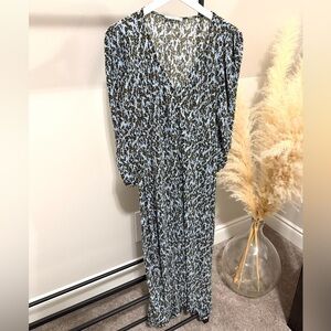 Mango Blue Floral Midi Dress V-Neck Long Sleeve